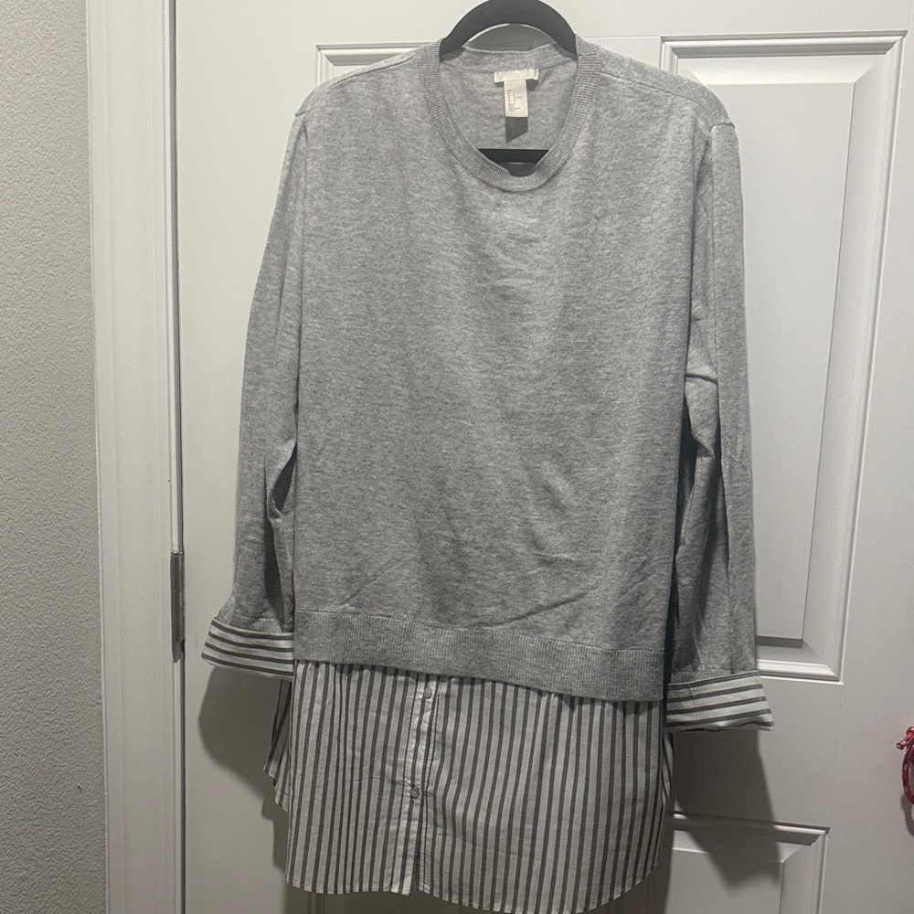 H&M Light Gray Crewneck Sweater with Blue-Striped Shirt Hem